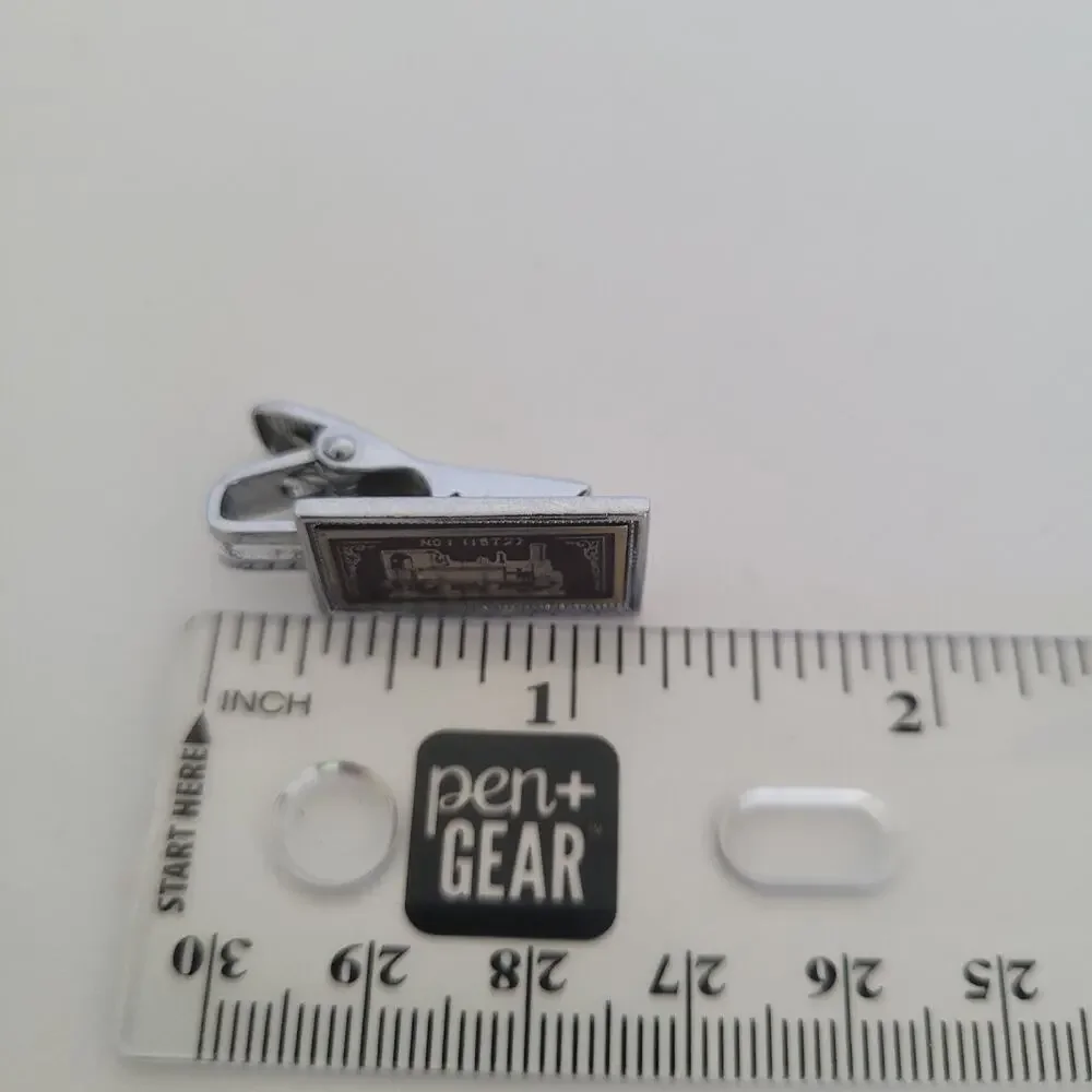 Locomotive Retro Silver Tone Tie Bar Clip Tac Clasp‎ Rectangle Vintage Small